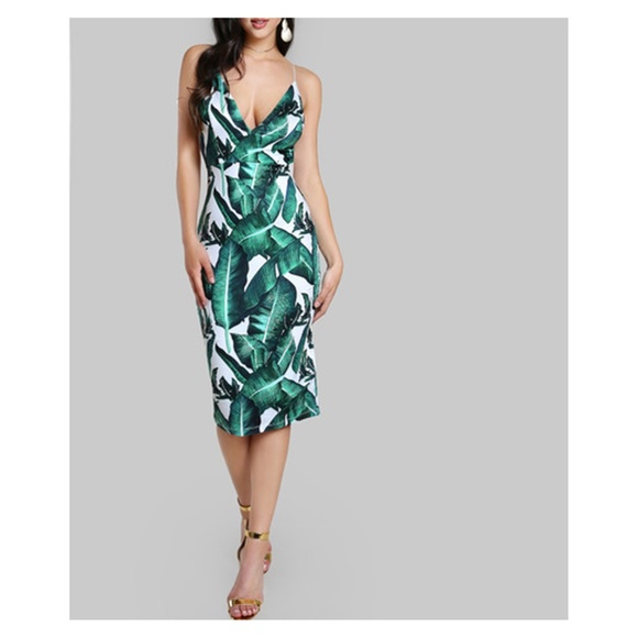 MBM Unlimited Dresses & Skirts - White Green Tropical Print Backless Midi Dress